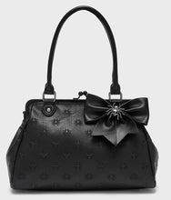 Load image into Gallery viewer, Black handbag with embossed spider pattern and bow on a white background