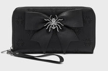 Load image into Gallery viewer, Black wallet with a spider design on a light gray background