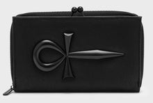 Load image into Gallery viewer, Black wallet with a unique ankh design on a light gray background
