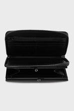Load image into Gallery viewer, Black leather wallet open on a white background