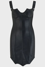 Load image into Gallery viewer, Black vegan leather dress with fishnet stockings and platform boots on a white background