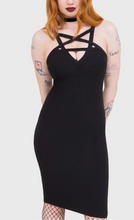 Load image into Gallery viewer, Model wearing a black dress with cut-out pentagram design on a white background