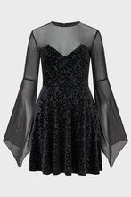 Load image into Gallery viewer, Black dress with sheer sleeves and a black hat on a white background