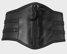 Load image into Gallery viewer, Black vegan leather fashion belt with a zipper and moon on a light gray background