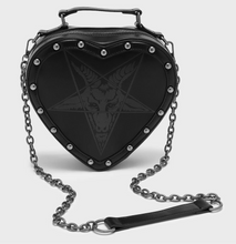Load image into Gallery viewer, Black heart-shaped handbag with chain detail on a white background