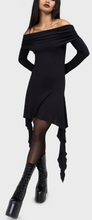 Load image into Gallery viewer, Model wearing a black off-shoulder long sleeve dress against a white background