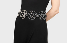 Load image into Gallery viewer, model wearing a black dress with a silver pentagram belt on a white background