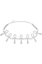 Load image into Gallery viewer, silver belt featuring ankh symbols on a plain background