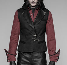 Load image into Gallery viewer, Person wearing a black and red outfit with leather elements on a gray background