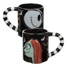 Load image into Gallery viewer, Black mugs (set of 2). One mug has Jack Skellington from a side profile and one mug has Sally from a side profile. Handles are black and white striped. Back of mugs have tombstones that read "Nightmare Before Christmas" with Zero underneath.