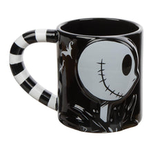 Load image into Gallery viewer, Black mugs (set of 2). One mug has Jack Skellington from a side profile and one mug has Sally from a side profile. Handles are black and white striped. Back of mugs have tombstones that read "Nightmare Before Christmas" with Zero underneath.