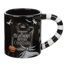 Load image into Gallery viewer, Black mugs (set of 2). One mug has Jack Skellington from a side profile and one mug has Sally from a side profile. Handles are black and white striped. Back of mugs have tombstones that read "Nightmare Before Christmas" with Zero underneath.
