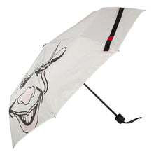 Load image into Gallery viewer, White umbrella with Pennywise IT clown face screen printed on it. Color changing art when wet.