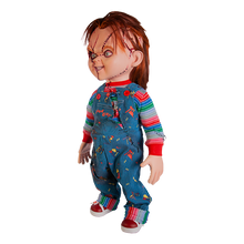 Load image into Gallery viewer, Doll is clothed with good guy overalls, long sleeve shirt and red sneakers. Doll has two black eyes and scars/stitches along face