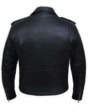Load image into Gallery viewer, back view of black real leather motorcycle style with snap down label, motorcycle style collar. epaulets and asymmetrical zipper.