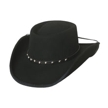 Load image into Gallery viewer, Premium black wool fashion felt cowboy hat with black leather band around base with stud details all around