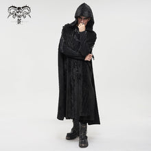 Load image into Gallery viewer, model showing front of cloak with hood pulled up