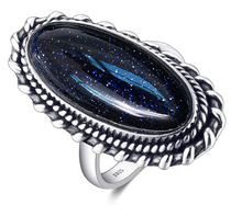 Load image into Gallery viewer, top of .925 silver plated blue sand vintage style ring.