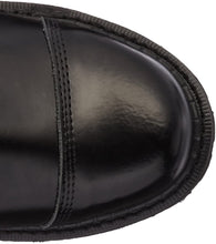 Load image into Gallery viewer, top view of Real black leather 1 1/2'' heel, 30 eyelet, knee high boot with steel toe, 7 metal plate straps on front and full inner side zipper.