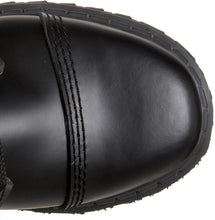 Load image into Gallery viewer, top view of Real black leather full front lace-up, no zipper mid-calf boot features 3 adjustable straps over top of laces