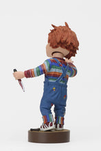 Load image into Gallery viewer, back of Head knocker bobble head of Chucky from Child's Play 2. Chucky has his right hand up, mouth open as if he is yelling, and in his left hand is clutching a knife. Chucky stands on a small round platform that reads "CHUCKY" in red letters on the front.