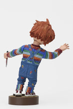 Load image into Gallery viewer, back of Head knocker bobble head of Chucky from Child's Play 2. Chucky has his right hand up, mouth open as if he is yelling, and in his left hand is clutching a knife. Chucky stands on a small round platform that reads "CHUCKY" in red letters on the front.