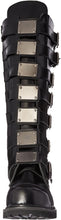 Load image into Gallery viewer, front view of Real black leather 1 1/2'' heel, 30 eyelet, knee high boot with steel toe, 7 metal plate straps on front and full inner side zipper.