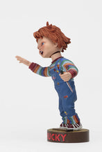 Load image into Gallery viewer, side of Head knocker bobble head of Chucky from Child's Play 2. Chucky has his right hand up, mouth open as if he is yelling, and in his left hand is clutching a knife. Chucky stands on a small round platform that reads "CHUCKY" in red letters on the front.