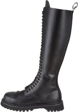 Load image into Gallery viewer, outer side view of Real black leather 1 1/4" platform 20 eyelet combat biker goth steel toe Knee-high boot Full lace-up, no Zipper