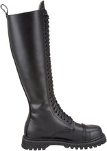 Load image into Gallery viewer, inner side view of Real black leather 1 1/4" platform 20 eyelet combat biker goth steel toe Knee-high boot Full lace-up, no Zipper