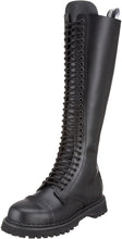 Load image into Gallery viewer, outer side view of Real black leather 1 1/4" platform 20 eyelet combat biker goth steel toe Knee-high boot Full lace-up, no Zipper