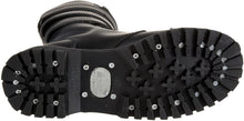 Load image into Gallery viewer, bottom view of shoe Real black leather full front lace-up, no zipper mid-calf boot features 3 adjustable straps over top of laces