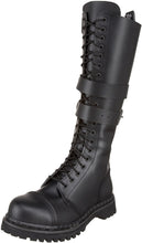 Load image into Gallery viewer, front outer view of Real black leather, 1 1/4" heel knee-high steel toe boot with full inside zipper.