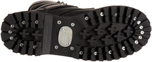 Load image into Gallery viewer, underneath bottom of shoe view of real black leather mid-calf boot, full front lace-up, no zipper, features 4 silver pyramid studded adjustable straps that cover laces