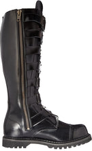 Load image into Gallery viewer, inner side view of Real black leather 1 1/2'' heel, 30 eyelet, knee high boot with steel toe, 7 metal plate straps on front and full inner side zipper.