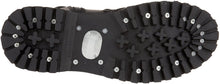Load image into Gallery viewer, bottom underneath sole view of Real black leather, 1 1/4" heel knee-high steel toe boot with full inside zipper.