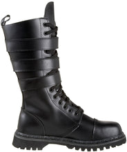 Load image into Gallery viewer, inner side view of Real black leather full front lace-up, no zipper mid-calf boot features 3 adjustable straps over top of laces