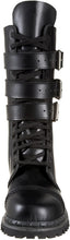 Load image into Gallery viewer, front side view of Real black leather full front lace-up, no zipper mid-calf boot features 3 adjustable straps over top of laces