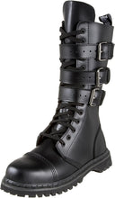 Load image into Gallery viewer, outer side view of Real black leather full front lace-up, no zipper mid-calf boot features 3 adjustable straps over top of laces