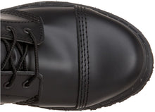 Load image into Gallery viewer, upper top view of Real black leather, 1 1/4" heel knee-high steel toe boot with full inside zipper.