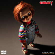 Load image into Gallery viewer, Chucky good guy doll with classic striped shirt and overalls.
