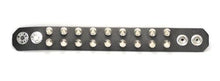 Load image into Gallery viewer, black leather bracelet with two rows of half inch silver spike studs showing snap closure
