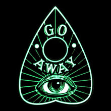 Load image into Gallery viewer, glow in the dark ouija board pin with text that reads "go away"