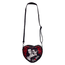 Load image into Gallery viewer, bela lugosi and vampira graphic with black and red bats on heart shaped purse