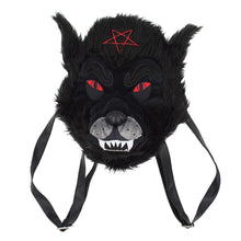 Load image into Gallery viewer, wolfhead plush purse with inverted pentagram on front of head