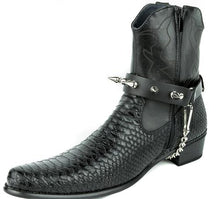 Load image into Gallery viewer, black leather bootstrap with multiple 1" silver spikes and silver hanging chain