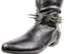 Load image into Gallery viewer, black boot displaying black boot strap that has two rows of multiple silver sharp pointy spike studs and hanging silver chain