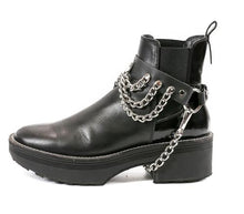 Load image into Gallery viewer, ankle boot displaying black leather boot strap with front hanging three row silver chains and hanging silver chain underneath booth