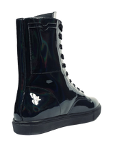 Load image into Gallery viewer, back view of Women's black shiny hologram shoe with black cotton laces. Inner side of shoe has slots for cards (credit cards, ID, etc.) Rubber outsole.