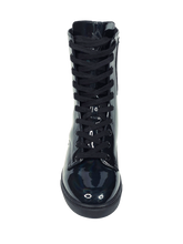 Load image into Gallery viewer, top view of Women's black shiny hologram shoe with black cotton laces. Inner side of shoe has slots for cards (credit cards, ID, etc.) Rubber outsole.
